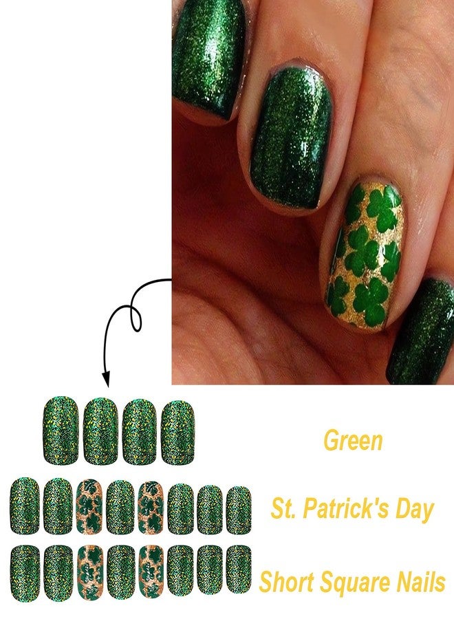 SINSEN St. Patrick’s Day Press on Nails Short, Glossy Green Shamrock Square Fake Nails, St. Patrick’s False Nails with Full Cover Green Glitter Designs, Lucky Clover Glue on Nails for Women 24PCS - Image 2